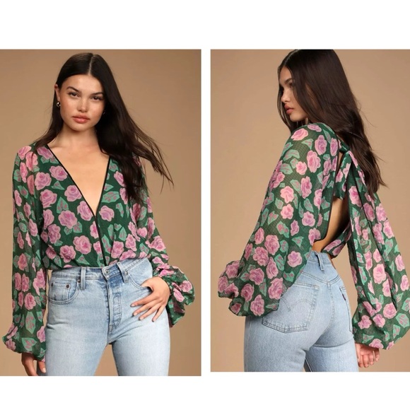Lulus Tops - Lulus Where My Garden Grows Tie Back Bodysuit Green Floral Long Sleeve Sz Large